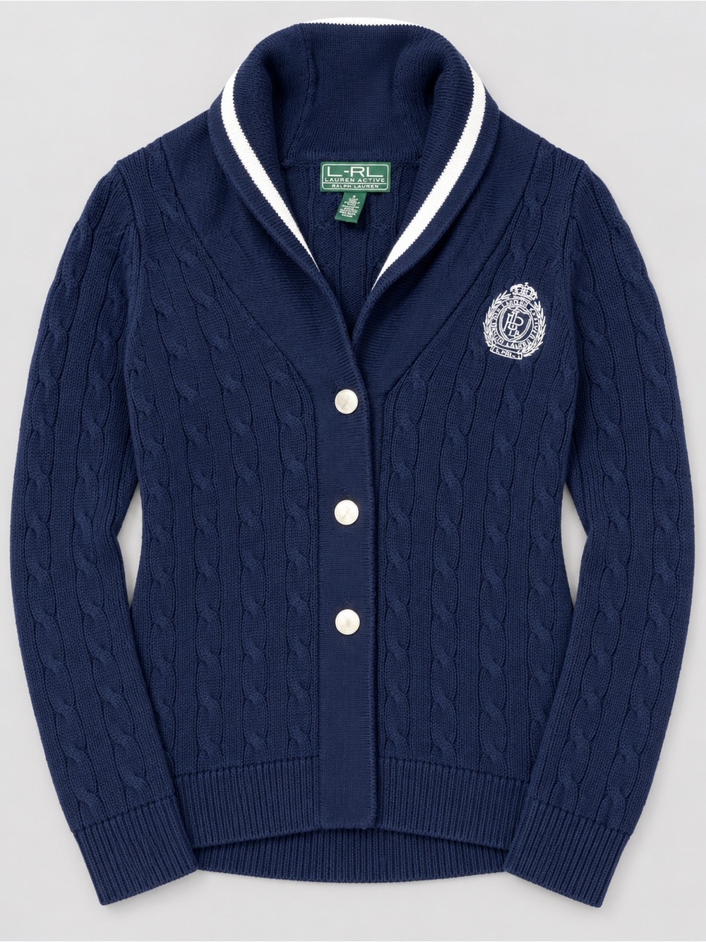Ralph Lauren Navy Cable-Knit Shawl Collar Cardigan with Crest